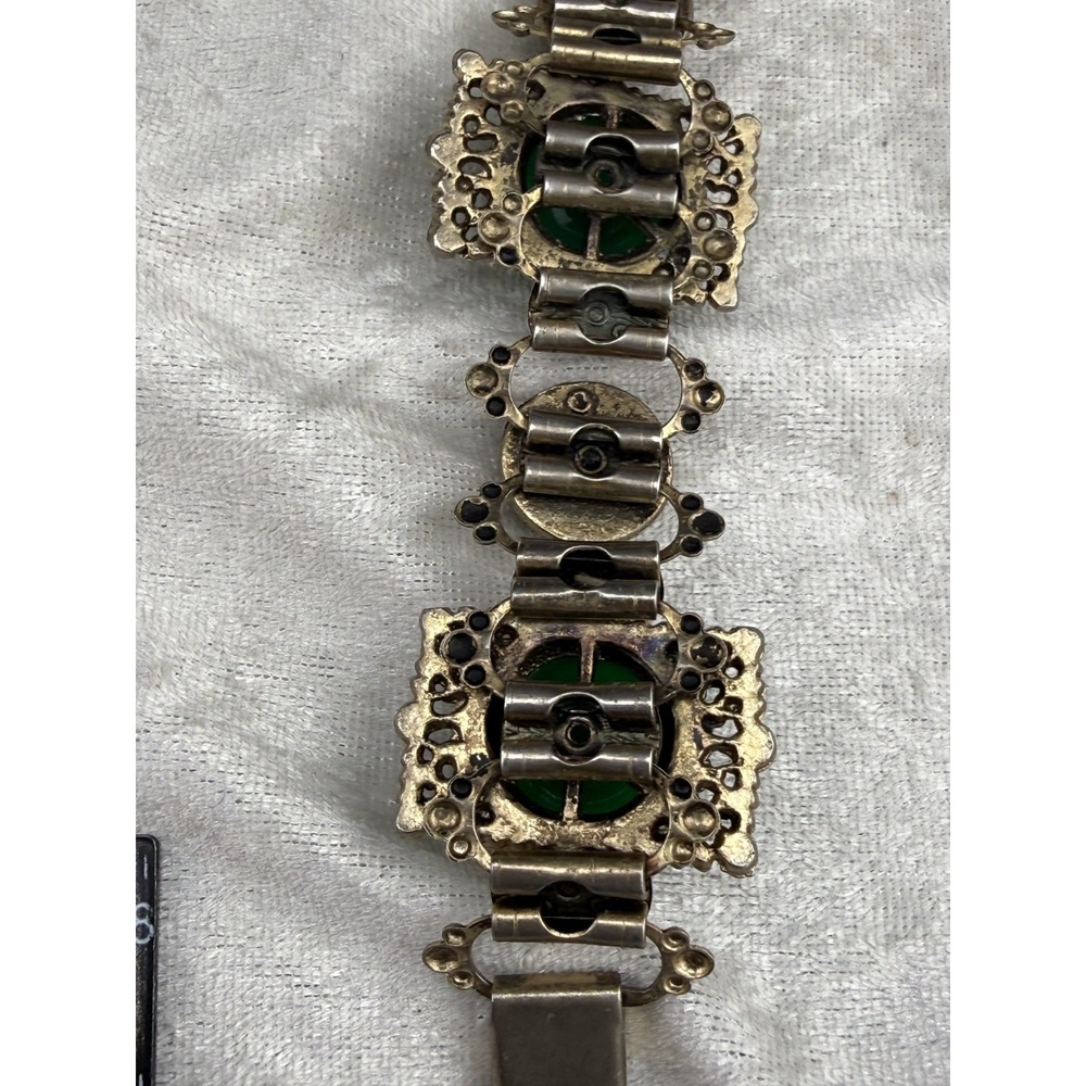 Vintage Victorian Revival Bracelet Green Stones Panel Gold Tone READ - Picture 11 of 12